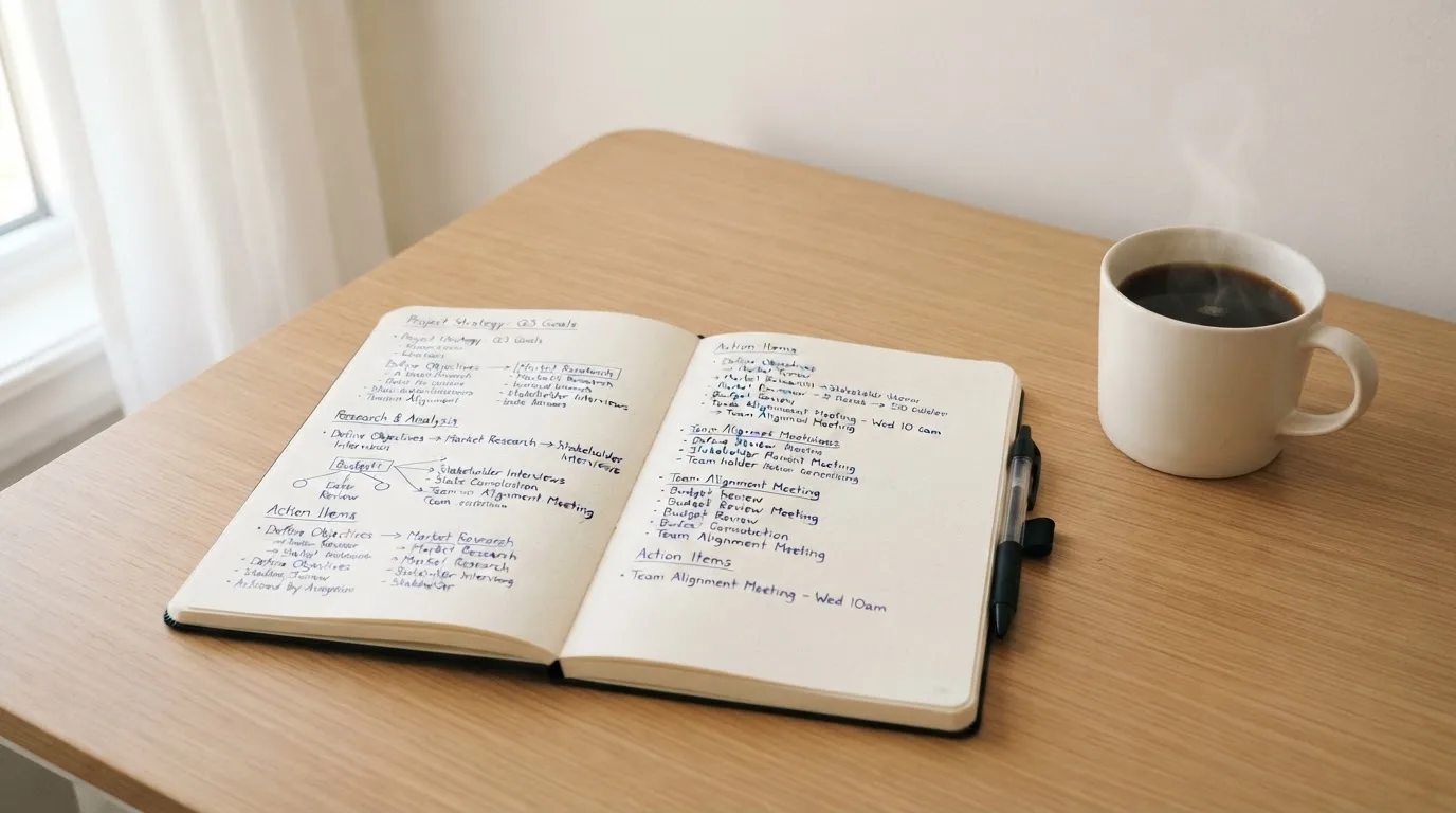 Ein aufgeschlagenes Notizbuch mit handschriftlichen Notizen und ein Kugelschreiber liegen auf einem hellen Schreibtisch neben einer Kaffeetasse.