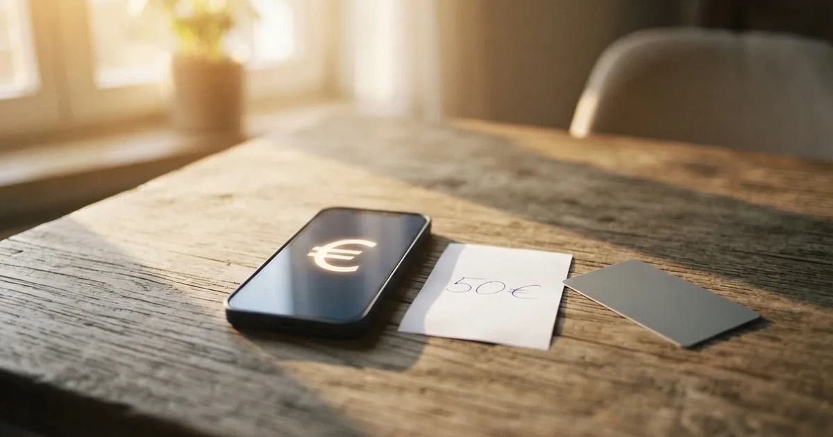 Ein Smartphone liegt mit dem Display nach unten auf einem Holztisch, daneben ein paar Euro-Münzen und eine unbeschriftete Plastikkarte im Morgenlicht.