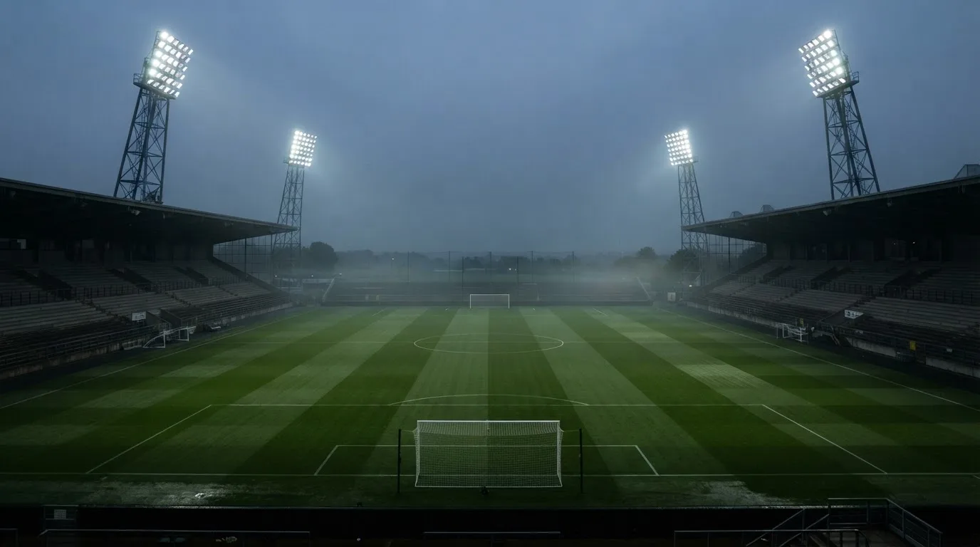 Ein Fußballplatz mit Flutlichtmasten in der Abenddämmerung, aus der Ferne gesehen, leere Tribünen und nasser Rasen unter bewölktem Himmel.