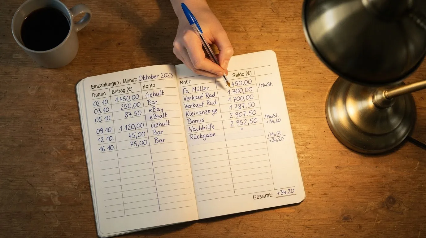 Ein Taschenrechner und ein Blatt Papier mit handschriftlichen Notizen liegen auf einem Schreibtisch unter dem warmen Licht einer Lampe.