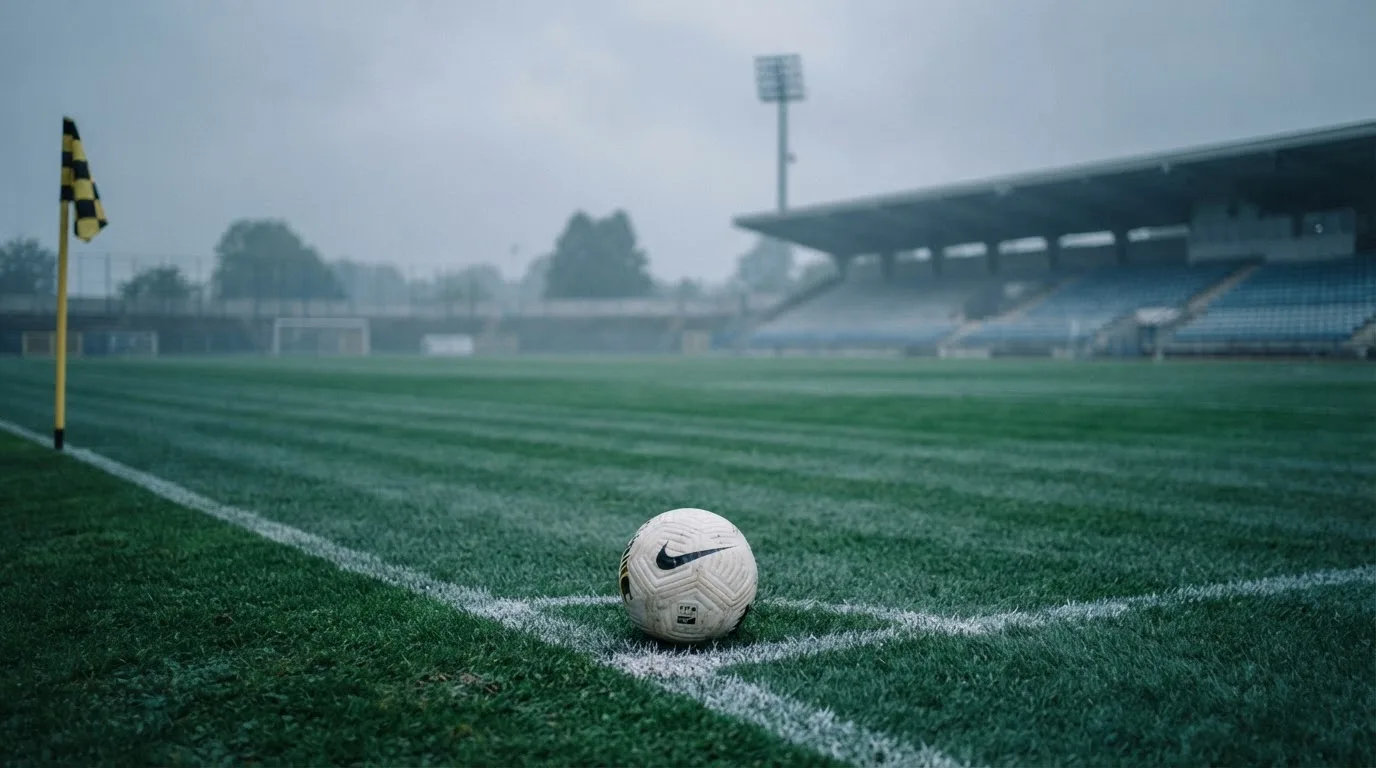 Ein Fußball liegt auf dem Elfmeterpunkt eines leeren Rasenplatzes, im Hintergrund eine Tribüne im Dunst.