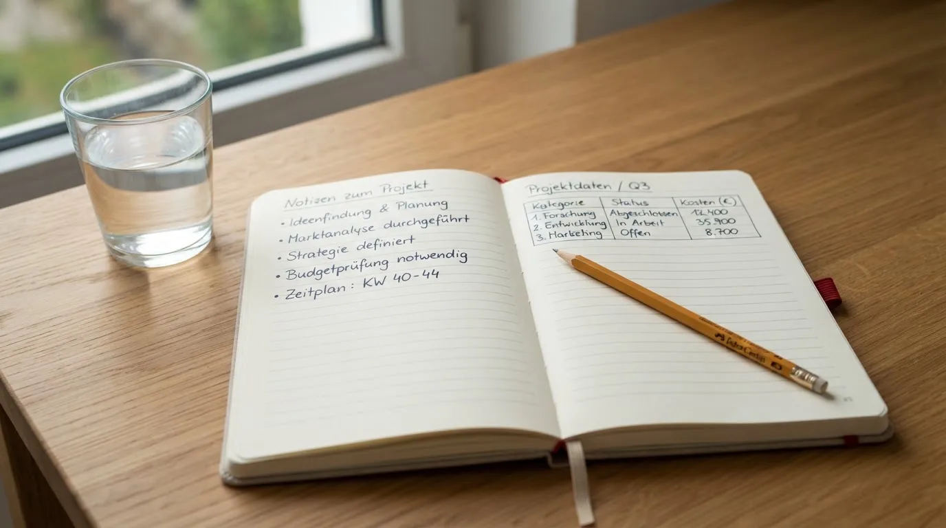Ein aufgeschlagenes Heft mit handschriftlichen Notizen und ein Bleistift liegen auf einem Schreibtisch, daneben ein Glas Wasser.