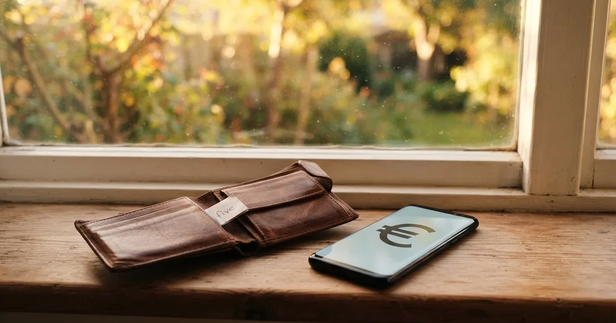 Eine Geldbörse aus Leder liegt geöffnet neben einem Smartphone auf einer Fensterbank, im Hintergrund ein Garten im Gegenlicht.
