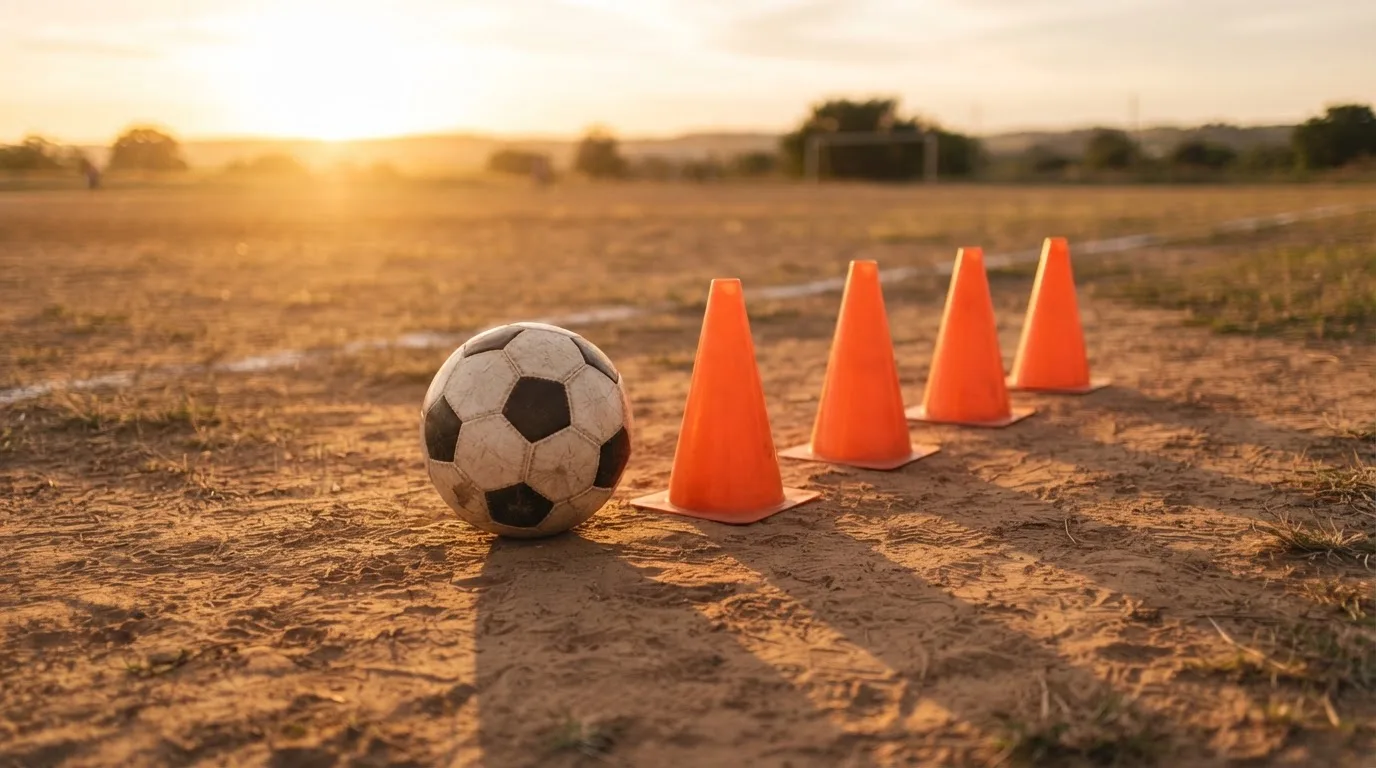 Ein Fußball auf rotem Sandboden neben einer Reihe Hütchen auf einem Trainingsplatz bei untergehender Sonne.