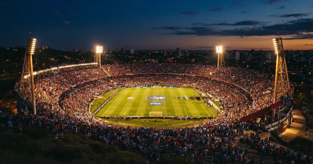 Ein Fußballstadion unter Flutlicht mit hellen Rängen, von einem Hügel aus gesehen, darüber ein dunkelblauer Abendhimmel.
