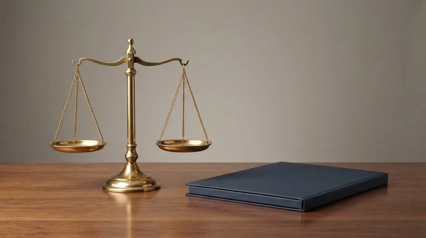 Eine Waage aus Messing und ein geschlossener Aktenordner ohne Beschriftung stehen auf einem polierten Schreibtisch.