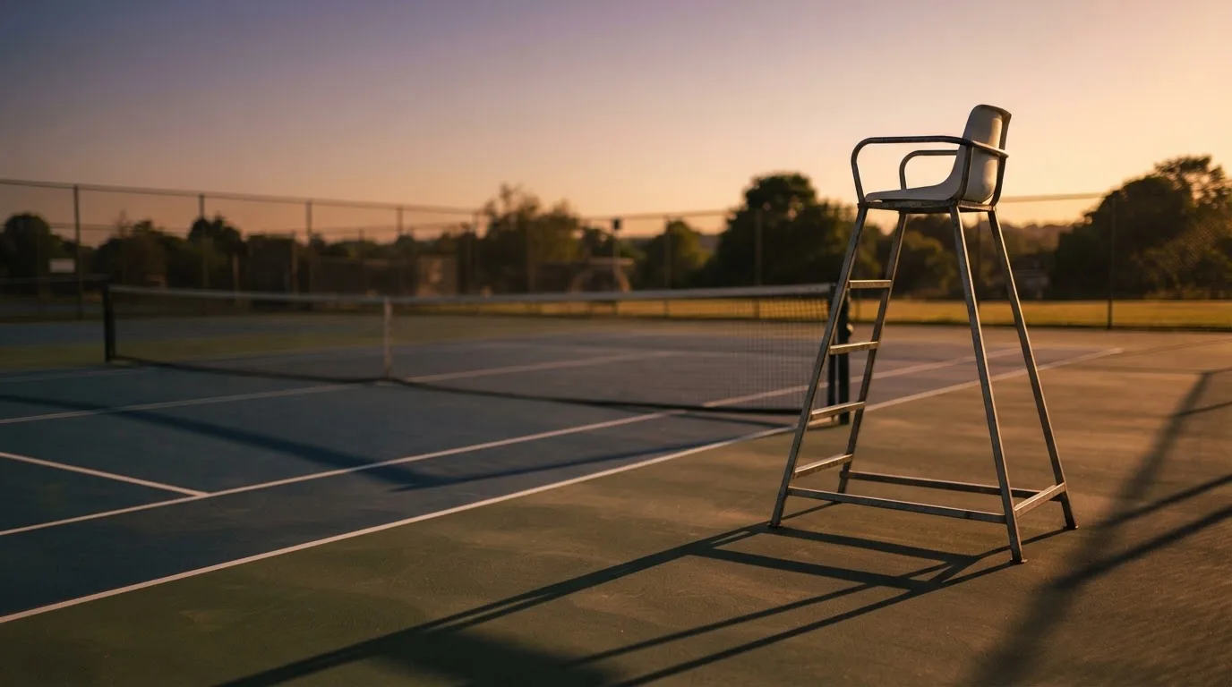 Ein leerer Schiedsrichterstuhl am Spielfeldrand eines Tennisplatzes im Abendlicht, lange Schatten auf dem Belag.