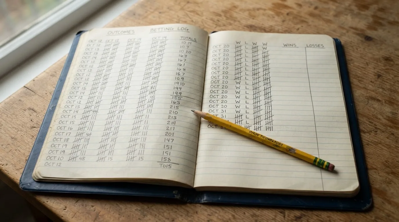 Ein handschriftlich geführtes Heft mit Strichlisten liegt neben einem Bleistift auf einem Tisch, seitlich fällt Tageslicht herein.
