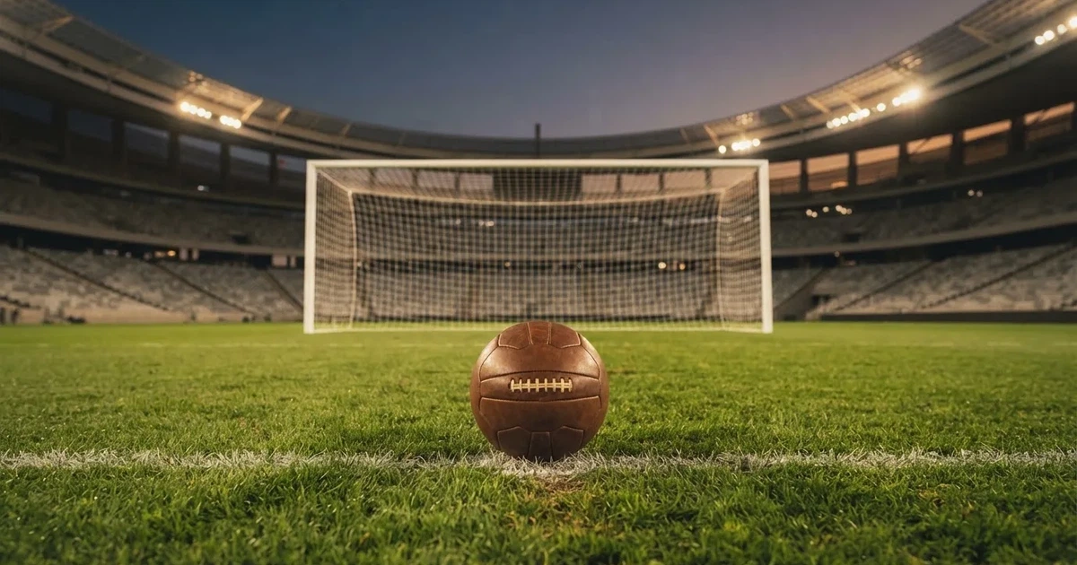 Ein Fußball liegt im Strafraum direkt vor dem Tor mit Netz, im Hintergrund leere Ränge bei Dämmerung.