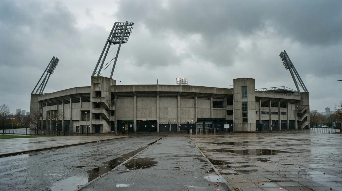 Ein leeres Stadion von außen, hohe Flutlichtmasten vor einem grauen Himmel mit Regenwolken.