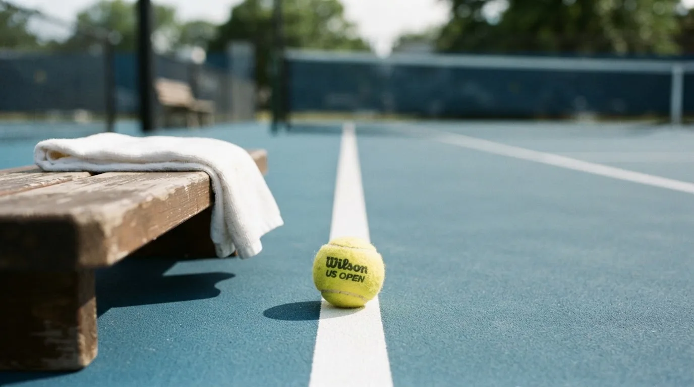 Ein gelber Tennisball liegt auf einer weißen Linie, daneben ein Handtuch auf einer Bank am Spielfeldrand.