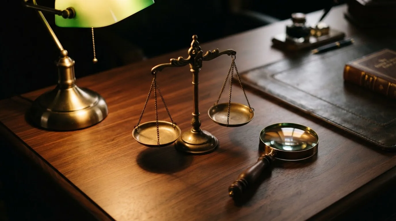 Eine Waage aus Messing steht neben einer Lupe auf einem polierten Schreibtisch im Licht einer Lampe.