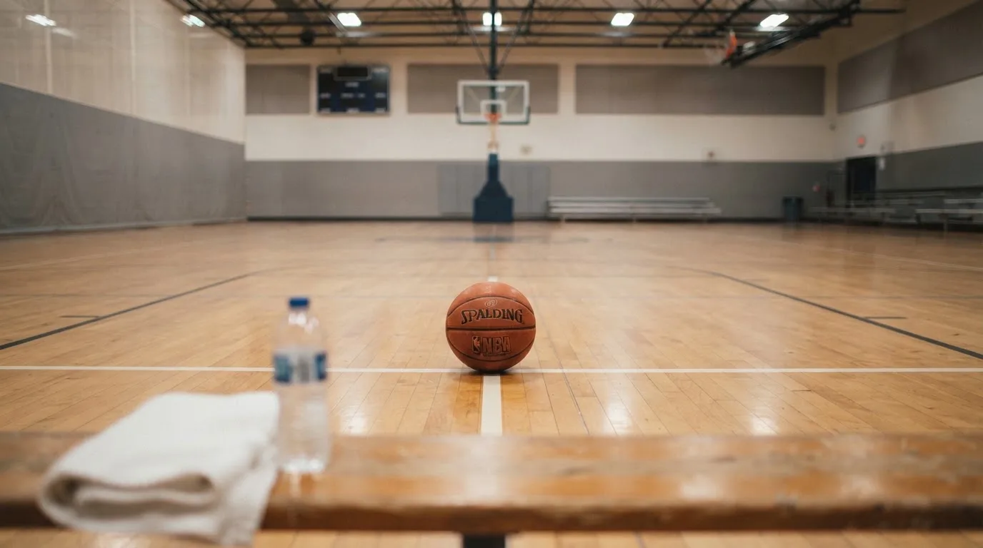 Ein Basketball liegt auf der Freiwurflinie einer Halle, im Vordergrund ein Handtuch auf einer Bank.