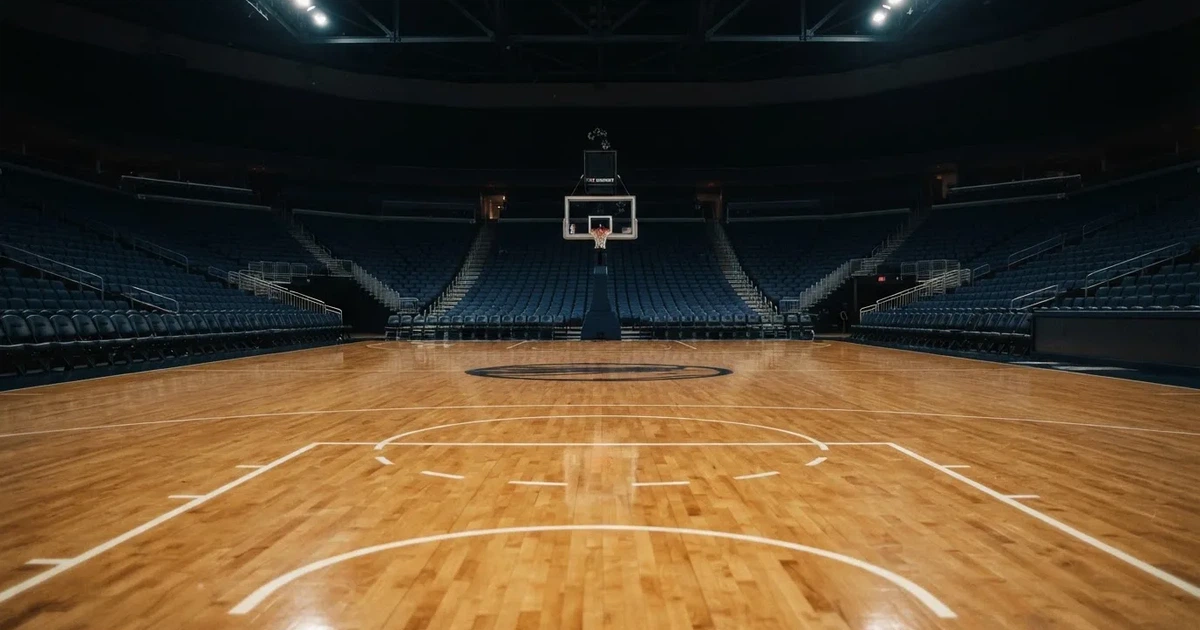 Eine leere Basketballhalle mit glänzendem Parkett und einem Korb im Hintergrund, Licht von Deckenstrahlern spiegelt sich im Boden.