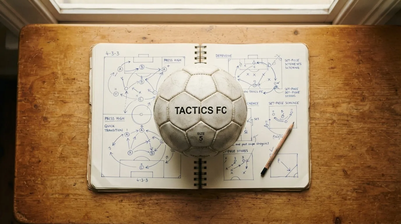 Ein Fußball liegt auf einem Notizbuch mit handgezeichneten Skizzen von Spielzügen, aufgenommen von oben auf einem Holztisch.