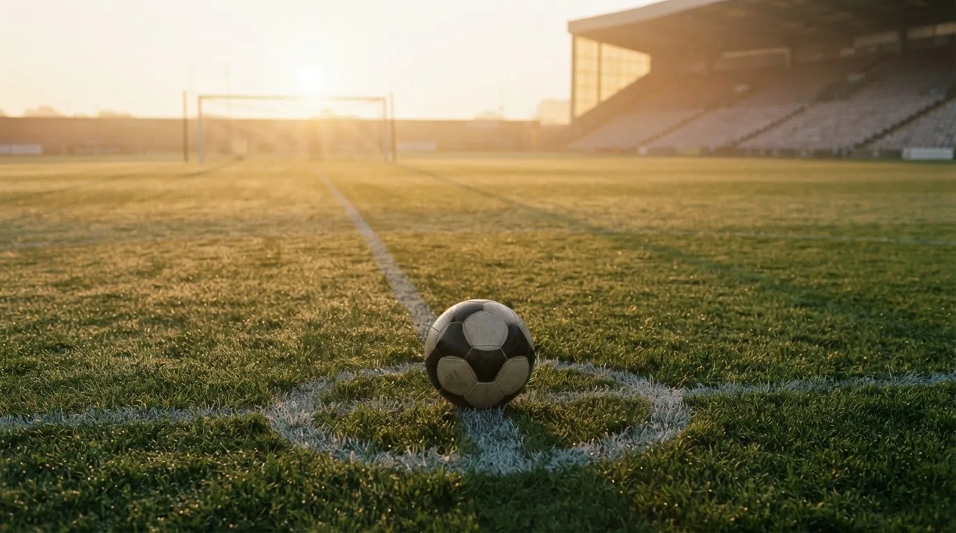 Ein Fußball liegt auf dem Anstoßpunkt eines Rasens bei Sonnenaufgang, Tau glitzert auf den Halmen.