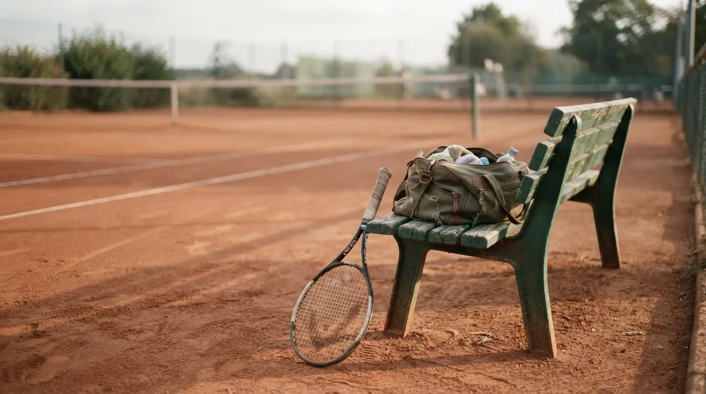 Ein Tennisschläger lehnt an einer Bank neben einer Sporttasche, im Hintergrund ein leerer Platz.