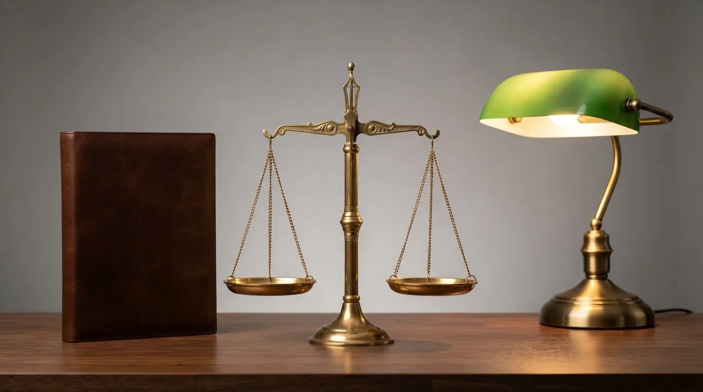 Eine Waage aus Messing und ein geschlossener Ordner ohne Beschriftung stehen neben einer Tischlampe auf einem Schreibtisch.