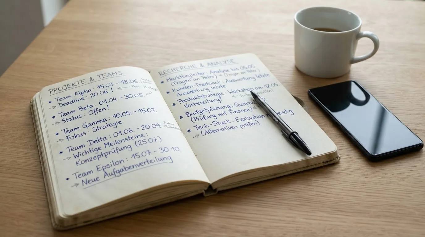 Ein Notizbuch mit handschriftlichen Notizen und ein Kugelschreiber liegen neben einem Smartphone mit dunklem Display auf einem Holztisch.