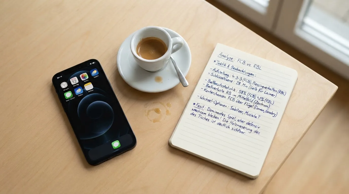 Ein Smartphone mit dunklem Display liegt neben einer Kaffeetasse und einem Notizblock auf einem hellen Tisch.