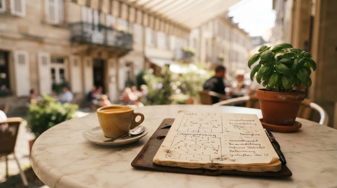Eine Espressotasse steht auf einem kleinen Marmortisch einer Terrasse, daneben ein Notizheft mit handschriftlichen Skizzen.