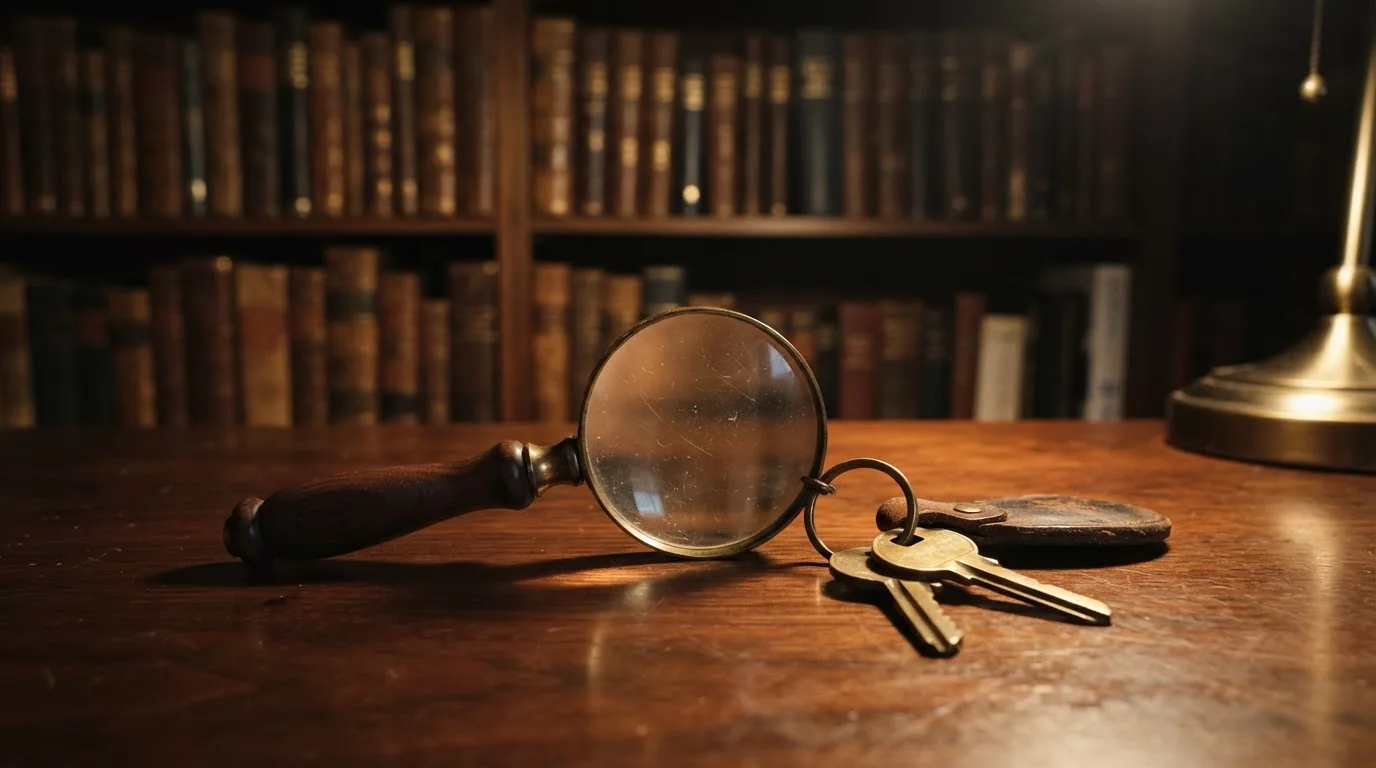 Ein Schlüsselbund und eine Lupe liegen auf einem dunklen Holztisch, im Hintergrund unscharf ein Regal mit Büchern.