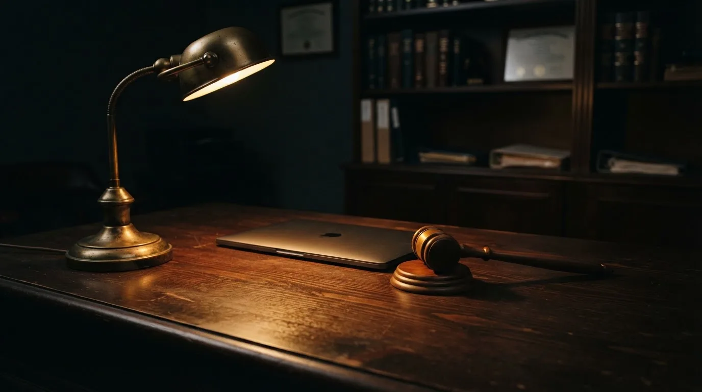 Ein Schreibtisch mit Stehlampe, einem geschlossenen Laptop und einem hölzernen Richterhammer im Halbdunkel.
