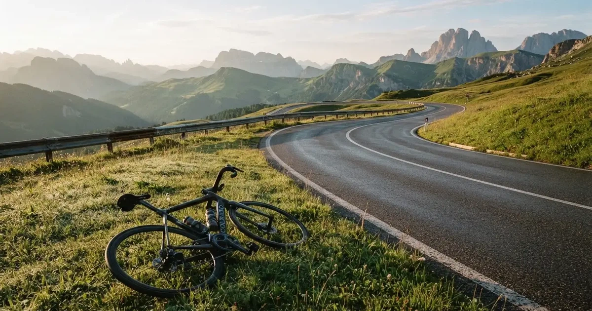 Eine leere Landstraße schlängelt sich im Morgenlicht durch einen Gebirgspass, am Straßenrand liegt ein einzelnes Rennrad im Gras.