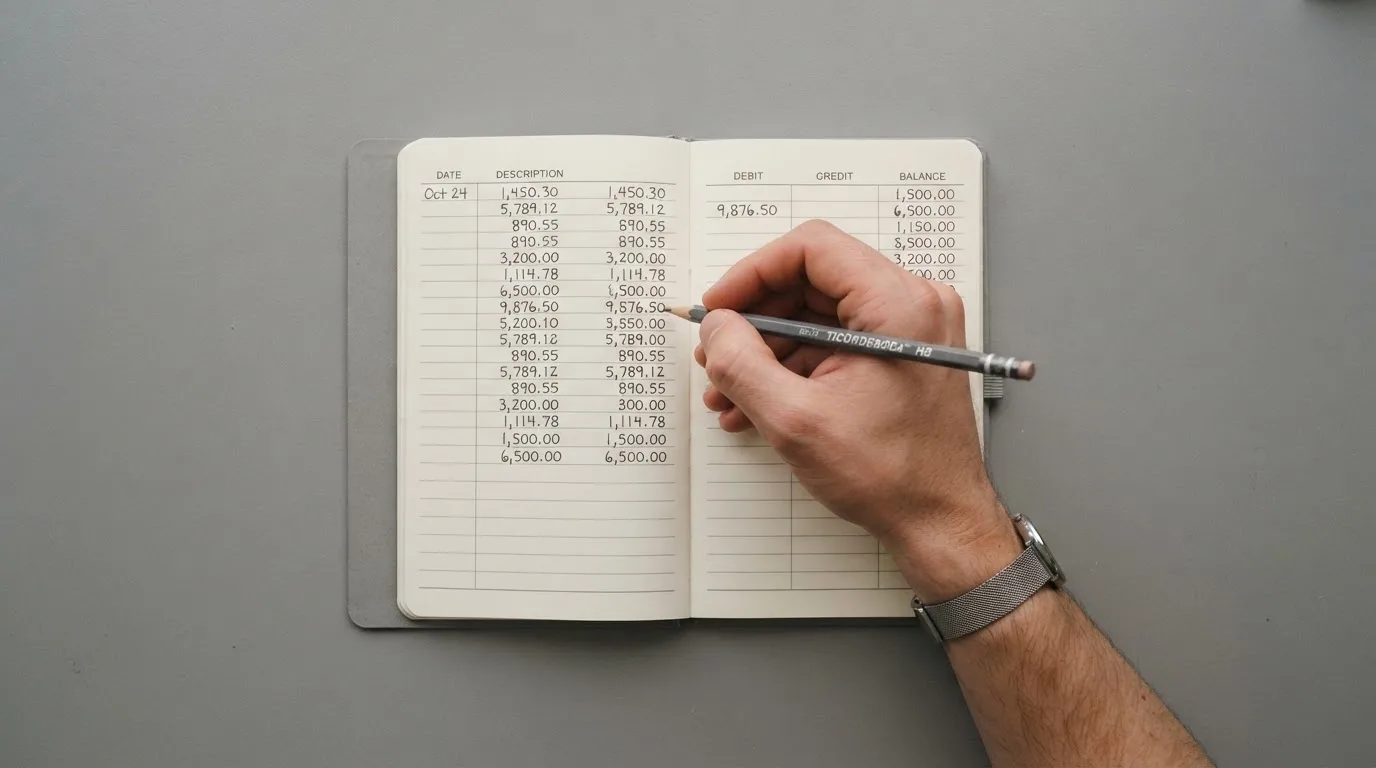 Ein Taschenrechner, ein Bleistift und ein Block mit handschriftlichen Zahlenreihen liegen auf einer grauen Arbeitsfläche.