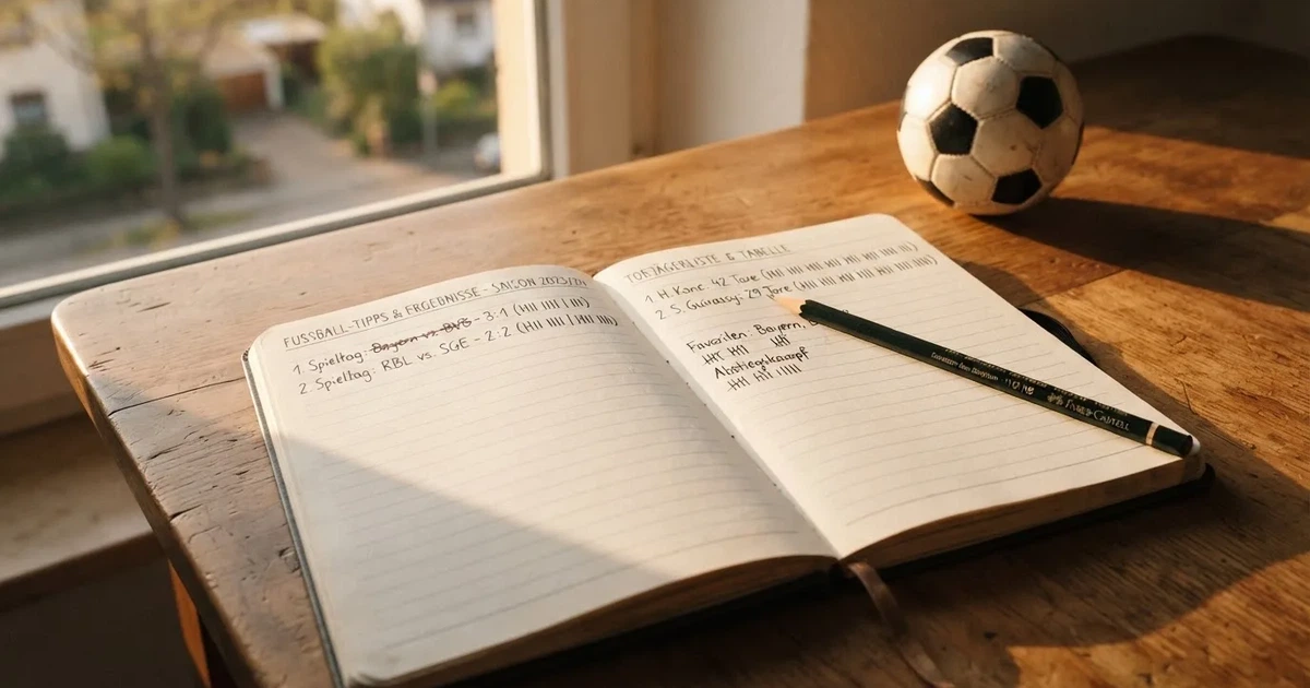 Ein Notizbuch mit handschriftlichen Strichlisten, ein Bleistift und ein kleiner Fußball liegen auf einem Schreibtisch vor einem Fenster.