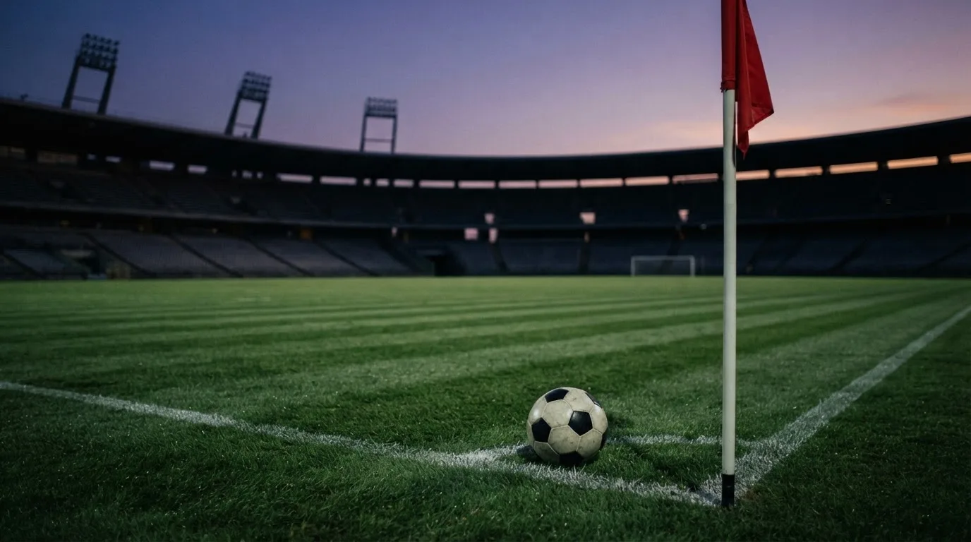 Ein Fußball liegt neben einem Eckfahnen-Pfosten auf einem Rasenplatz, im Hintergrund ein leeres Stadion in der Dämmerung.