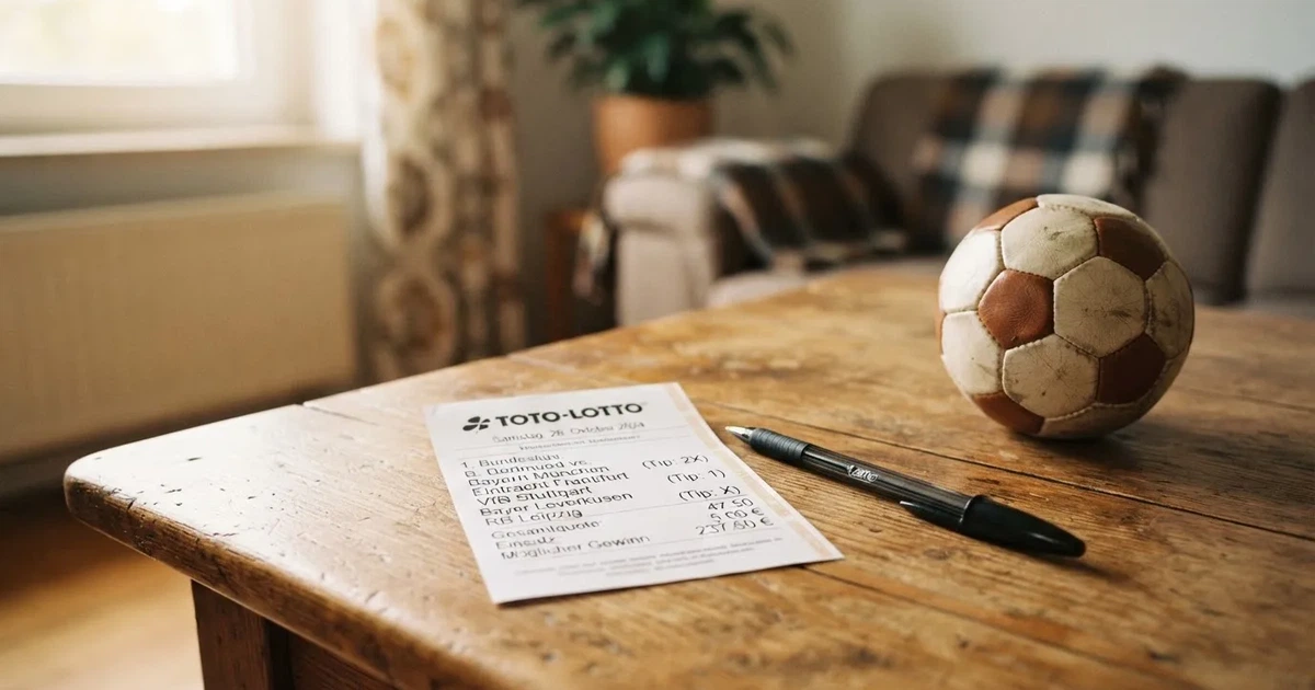 Ein leerer Papier-Wettschein und ein Kugelschreiber liegen neben einem kleinen Fußball auf einem Holztisch, weiches Fensterlicht.