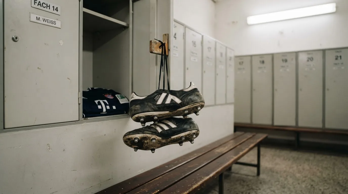 Ein Paar Fußballschuhe hängt an den Schnürsenkeln an einem Holzhaken in einer leeren Umkleidekabine.