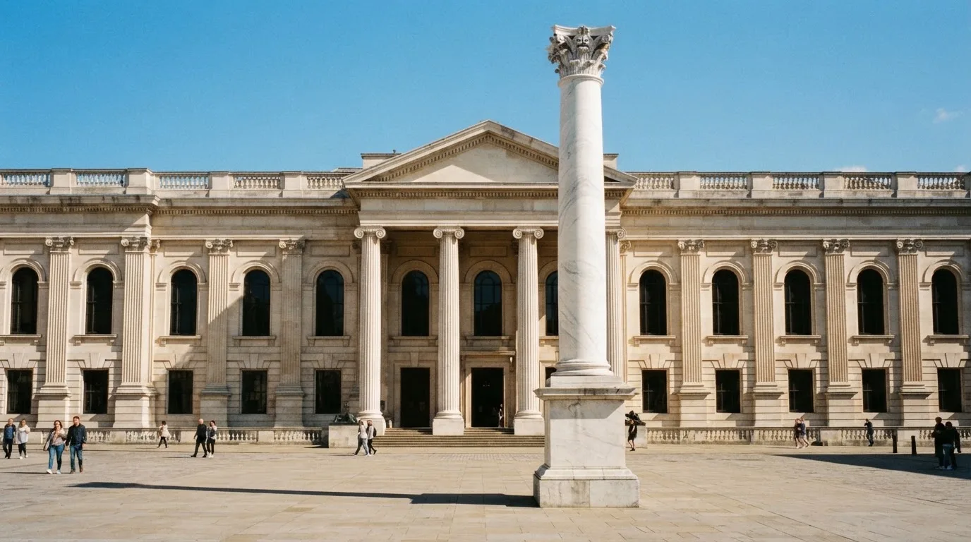 Eine Marmorsäule vor einem klassischen Gebäude, im Hintergrund blauer Himmel.