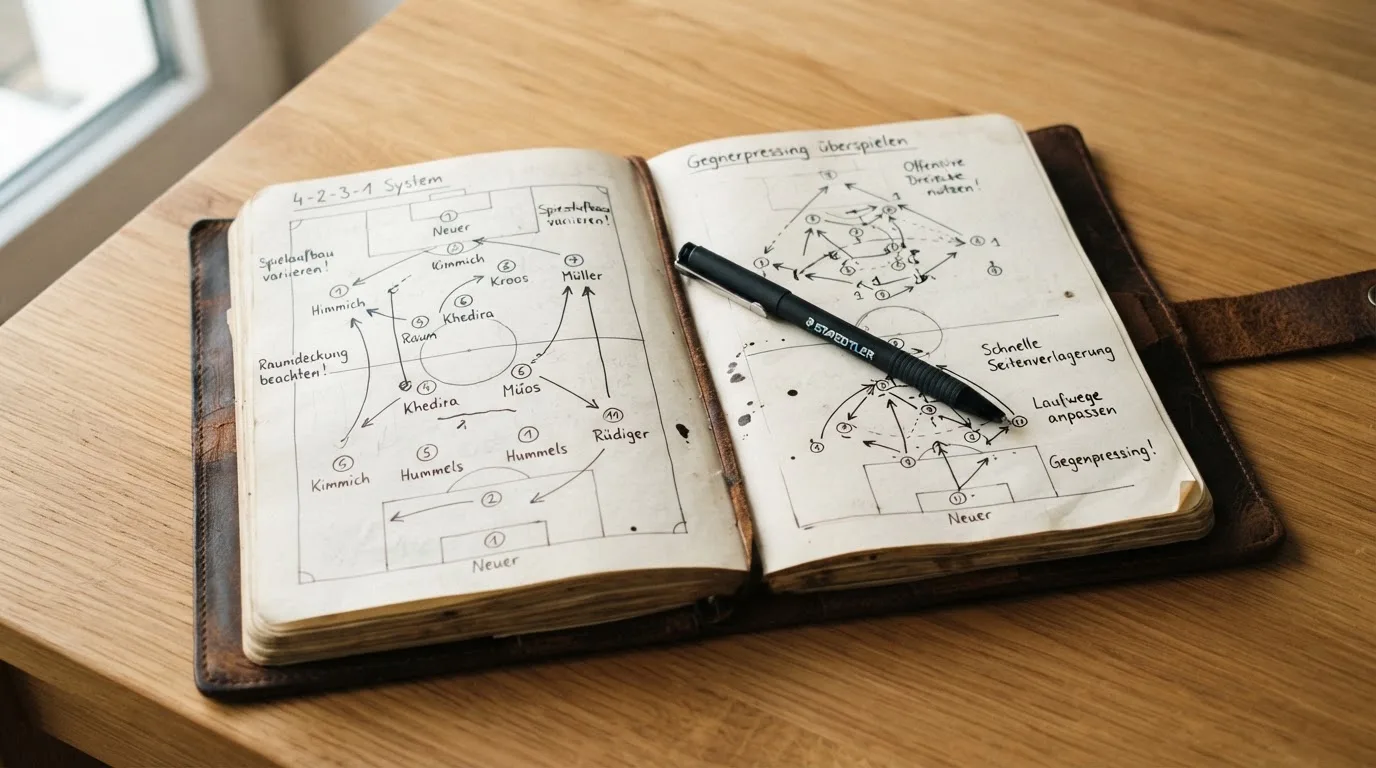 Ein aufgeschlagenes Notizbuch mit handschriftlichen Skizzen von Spielzügen liegt neben einem Kugelschreiber auf einem Holztisch.