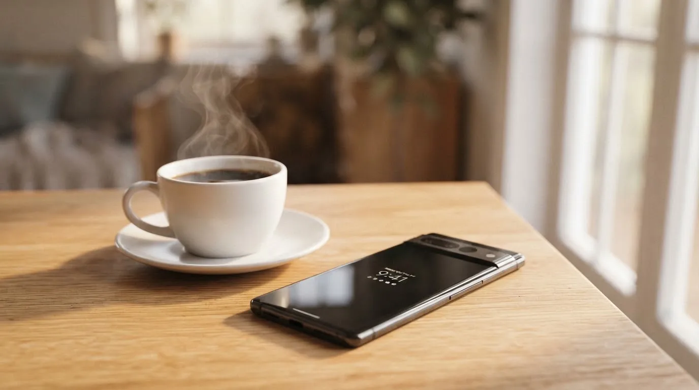 Ein Smartphone mit dunklem Display liegt neben einer Kaffeetasse auf einem Holztisch im Licht eines Fensters.
