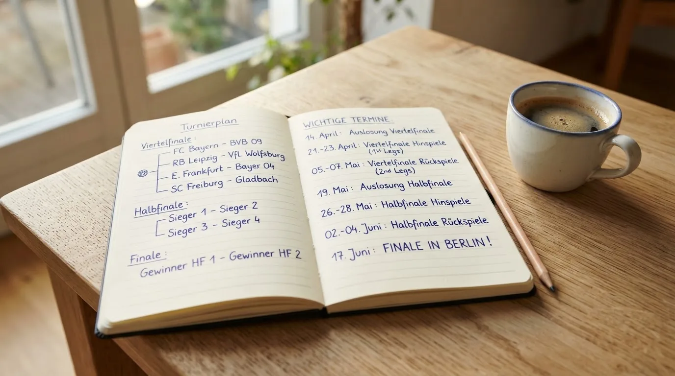 Ein aufgeschlagenes Notizbuch mit handgeschriebenen Stichpunkten und ein Bleistift liegen neben einer Kaffeetasse auf einem hellen Holztisch.