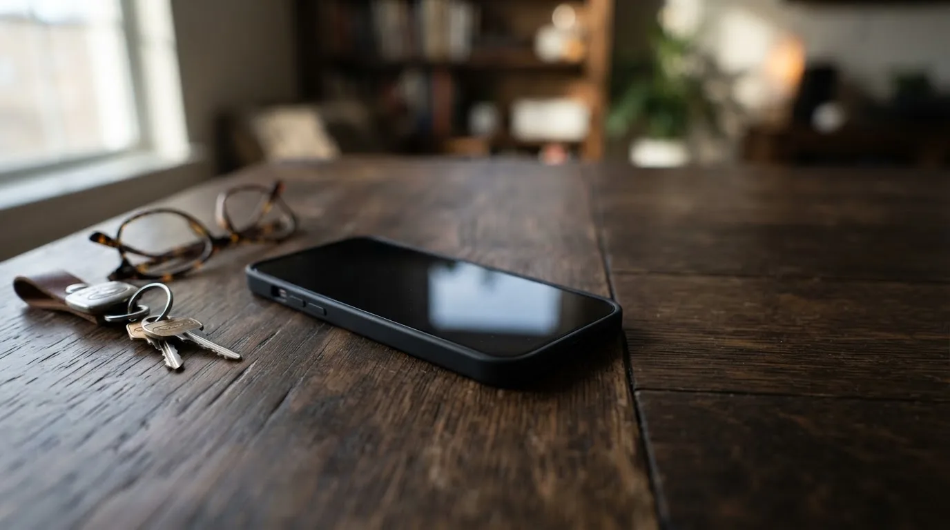 Ein Smartphone liegt mit dunklem Display auf einem Holztisch neben einem Schlüsselbund und einer Brille im Licht eines Fensters.
