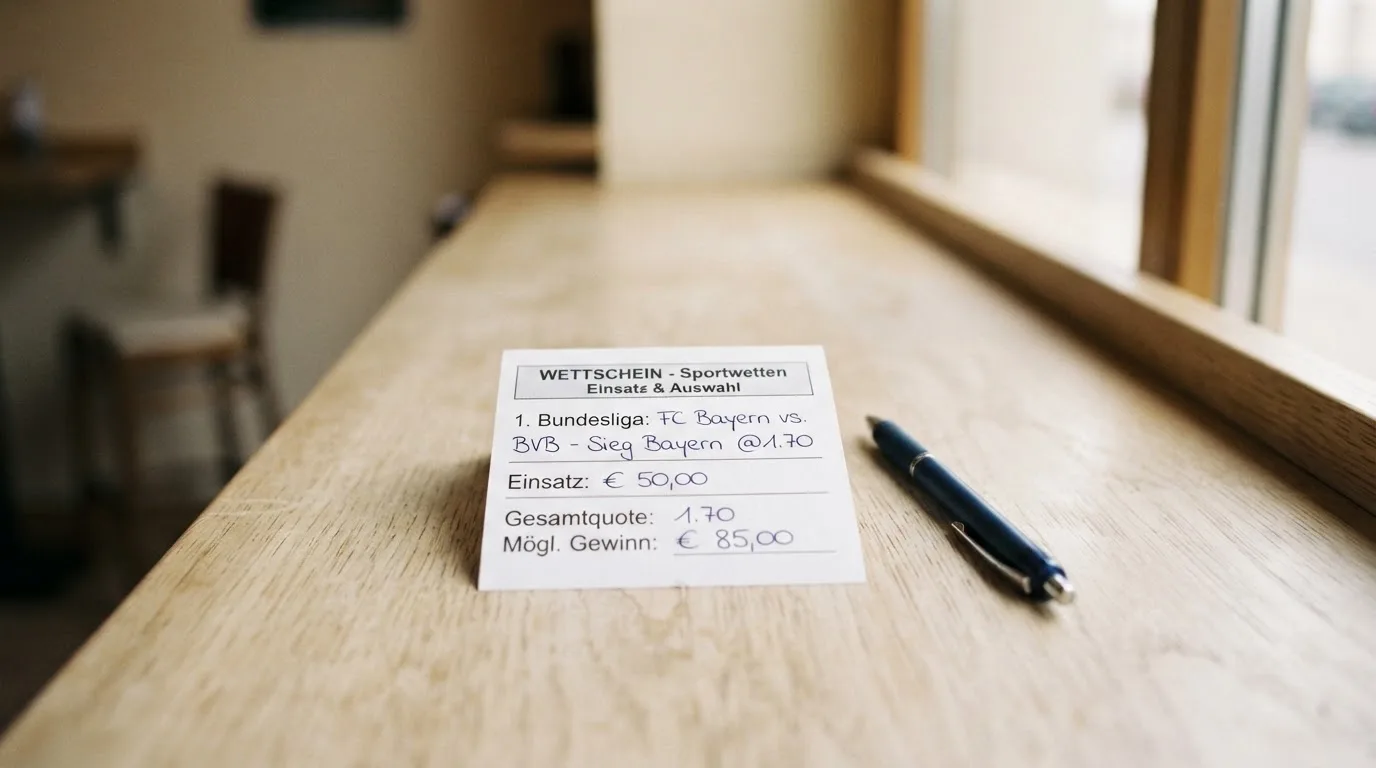 Ein leerer Papier-Wettschein und ein Kugelschreiber liegen auf einer Theke aus hellem Holz im Tageslicht.