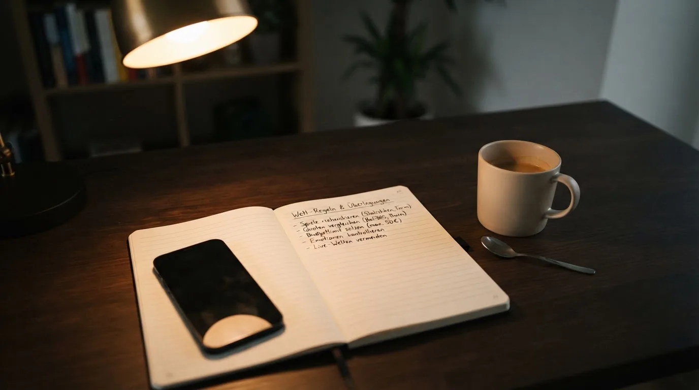 Ein Smartphone liegt mit dunklem Display auf einem Schreibtisch neben einem Notizbuch und einer Kaffeetasse.