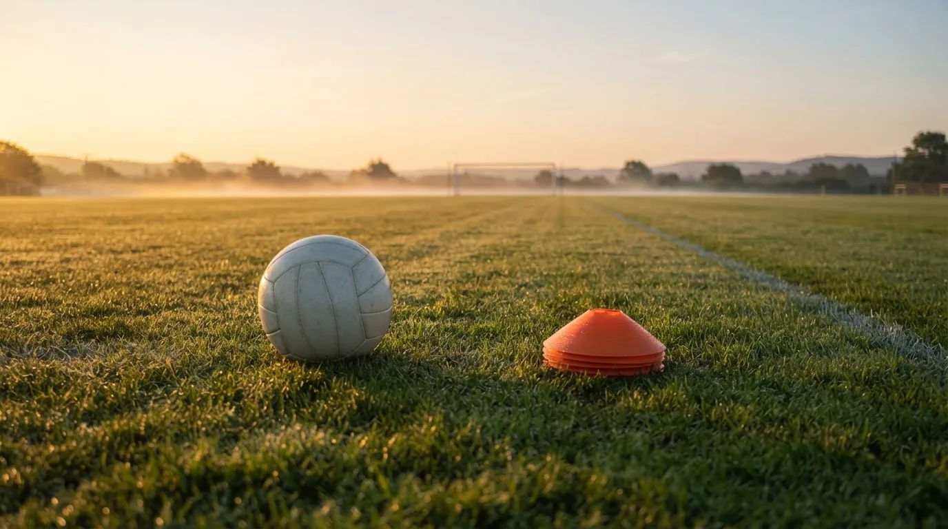 Ein Fußball liegt auf einem Rasenplatz bei Sonnenaufgang, daneben ein kleiner Stapel Trainingshütchen.