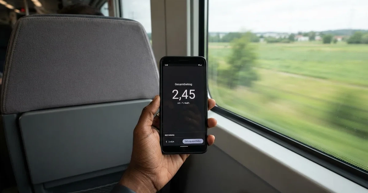 Eine Hand hält ein Smartphone mit dunklem Display in einem Zug, am Fenster ziehen verschwommen Felder vorbei.