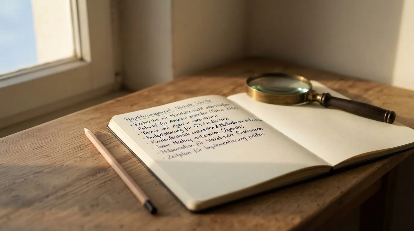 Ein schmaler Schreibtisch am Fenster mit einem Notizbuch, einer Lupe und einem Bleistift im Morgenlicht.