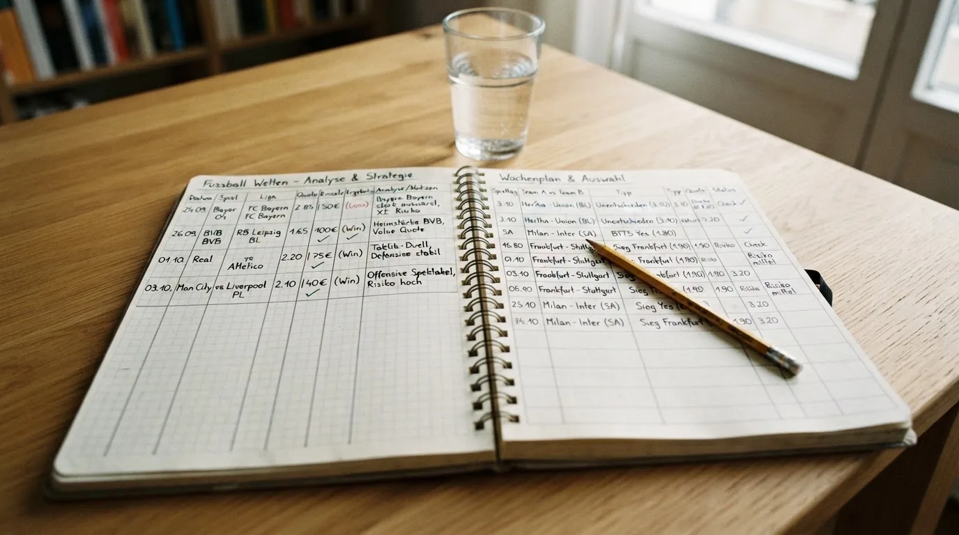 Ein Notizbuch mit handgezeichneten Spalten und ein Bleistift liegen auf einem hellen Holztisch neben einem Glas Wasser.