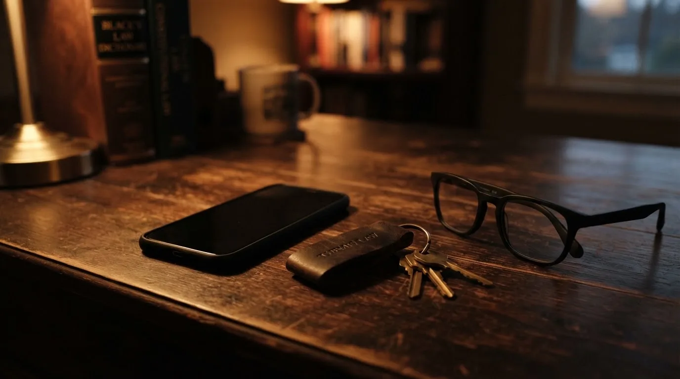 Ein Smartphone liegt mit dunklem Display auf einem Schreibtisch neben einem Schlüsselbund und einer Brille.