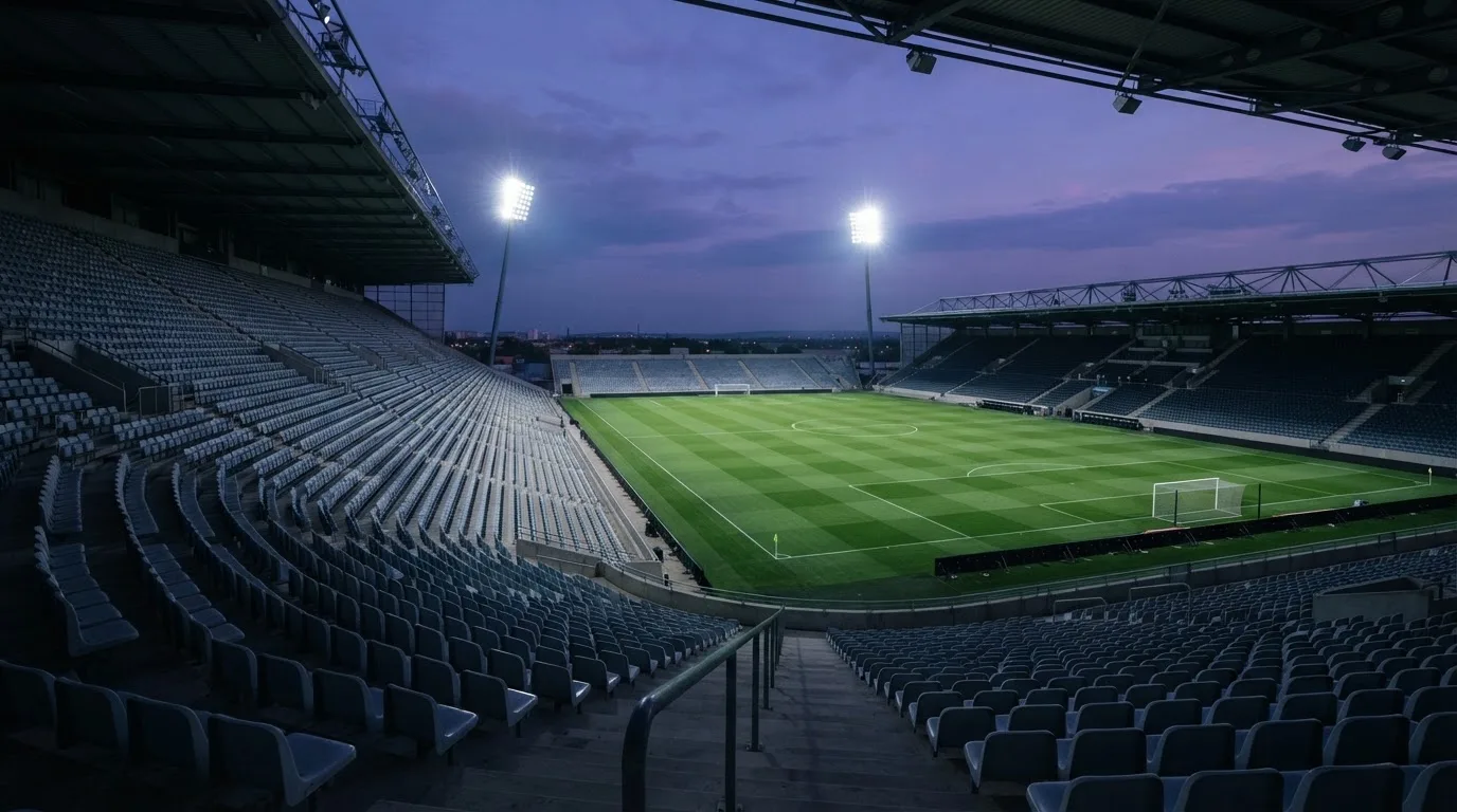 Eine leere Stadiontribüne unter Flutlicht aus der Ferne betrachtet, die Rasenfläche leuchtet grün in der Dämmerung.