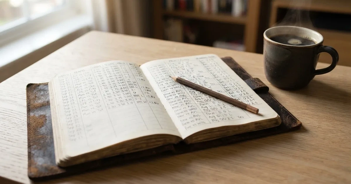 Handschriftliche Zahlenkolonnen in einem Notizbuch, daneben ein Bleistift und eine Tasse Kaffee auf hellem Holz.