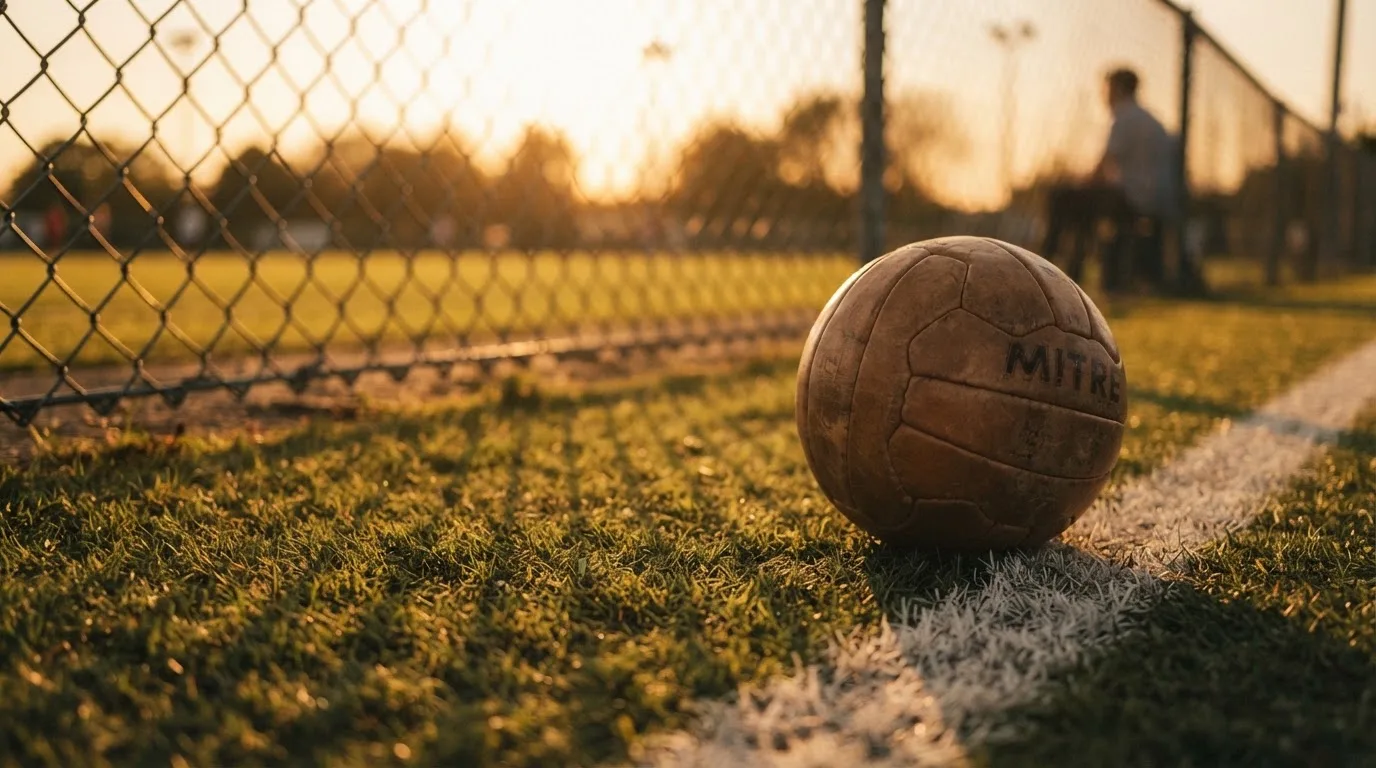 Ein Fußball liegt am Rand eines Rasens neben einer weißen Linie, im Hintergrund ein Zaun in der Abendsonne.