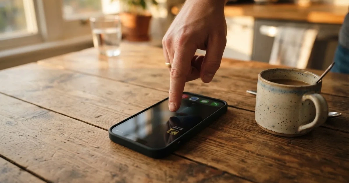 Ein Daumen schwebt über einem Smartphone mit dunklem Display, das auf einem Küchentisch neben einer Tasse liegt.
