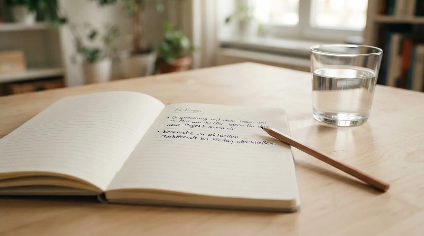 Ein Notizbuch und ein Bleistift liegen neben einem Glas Wasser auf einem hellen Tisch.